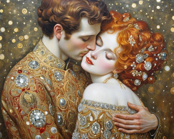Couple in Opulent Garments Embracing with Love