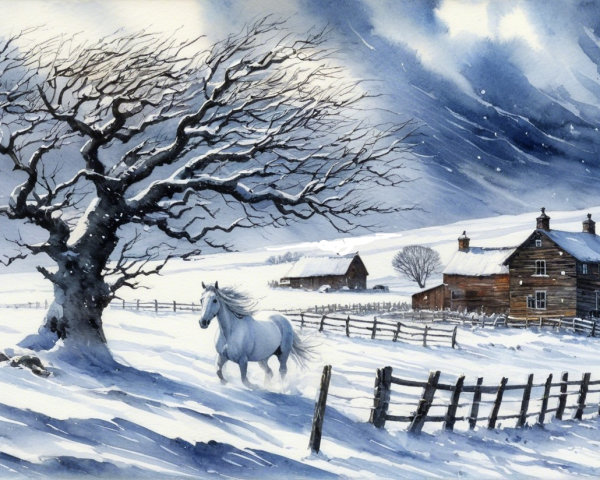 Serene Winter Landscape with Horse and Farmhouse