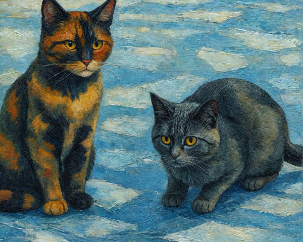 Two Cats on Textured Blue Surface in Artwork
