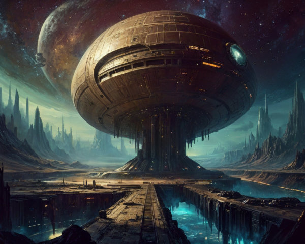 Futuristic Structure Above Alien Landscape with Water