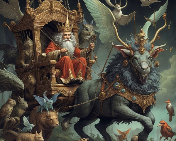 Regal King on Throne with Mythical Blue Creature