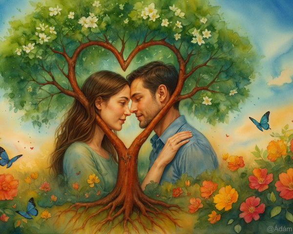 Couple Embracing Under Heart-Shaped Tree Blossoms