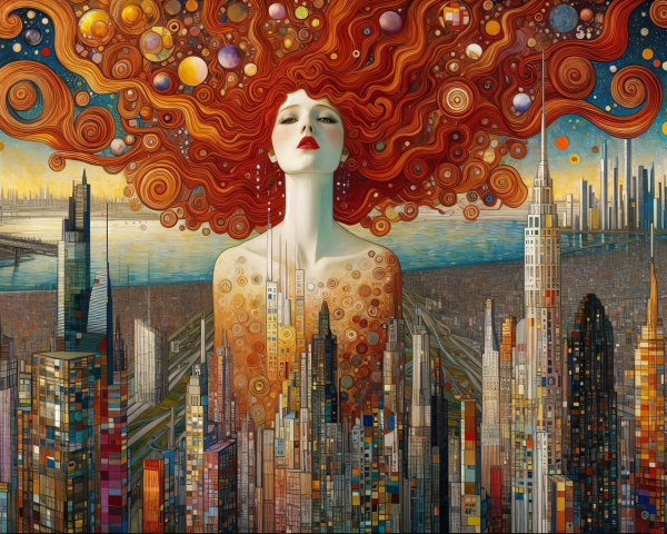 Cubism Artwork of Goddess with Textured Orange Hair