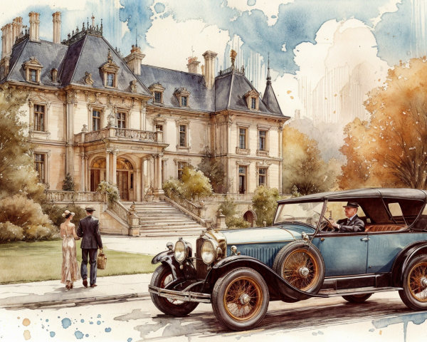 Vintage Blue Car in Front of Grand Mansion Scene