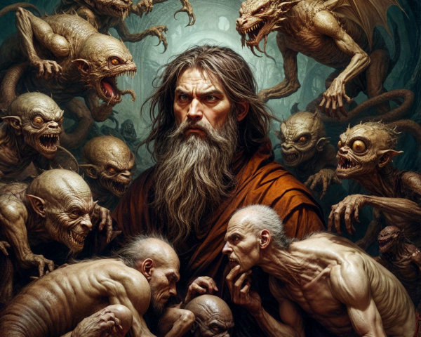 Mysterious Bearded Figure Surrounded by Grotesque Creatures
