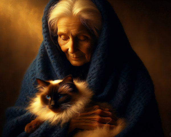 Elderly Woman with Blue Shawl and Cat in Warm Setting