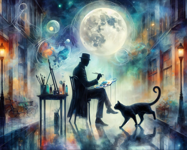 Dreamy Moonlit Street with Artist and Whimsical Cat