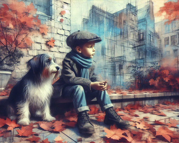 Young Boy and Dog Surrounded by Autumn Leaves