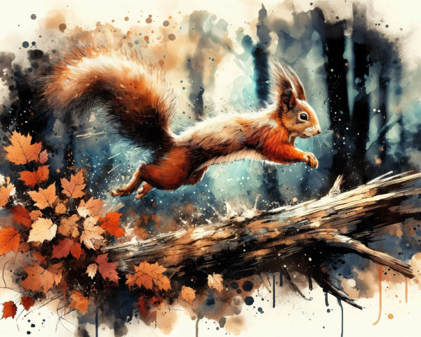 Squirrel Leaping Over Log Amidst Autumn Leaves