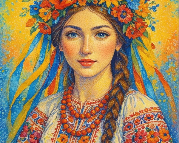 Young Woman in Flower Crown and Traditional Blouse