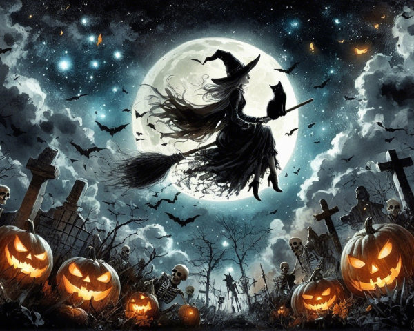 Halloween Scene with Witch, Bats, and Graveyard
