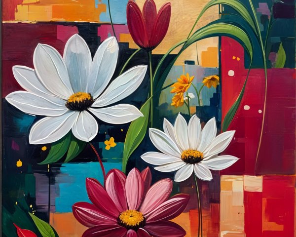 Vibrant Floral Painting with Abstract Background
