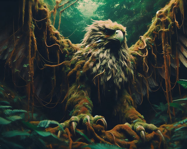 Griffin in a Lush Forest with Moss and Vines