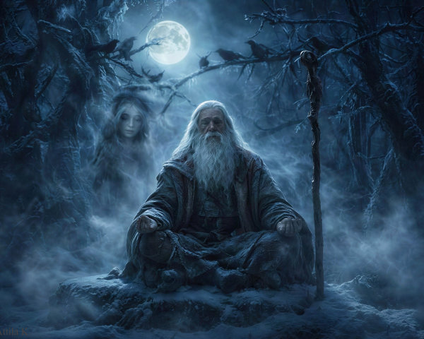 Old wizard meditating in a mystical dark forest
