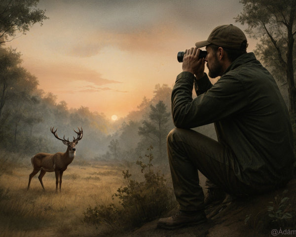 Forest Dawn Scene with Man Observing Stag