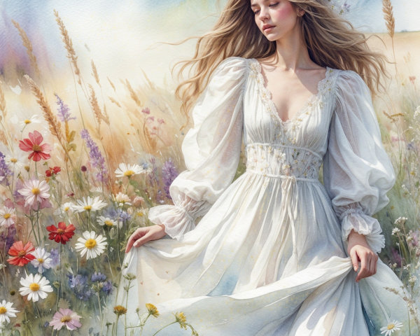 Young Woman in White Dress in Wildflower Field