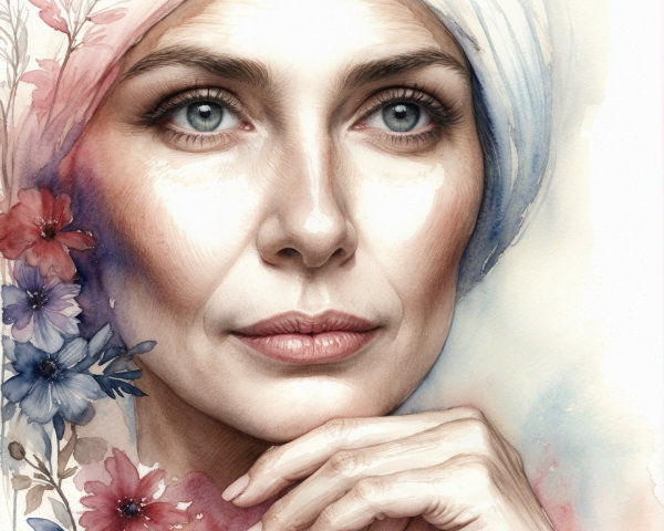 Serene Portrait of Woman with Blue Eyes and Flowers