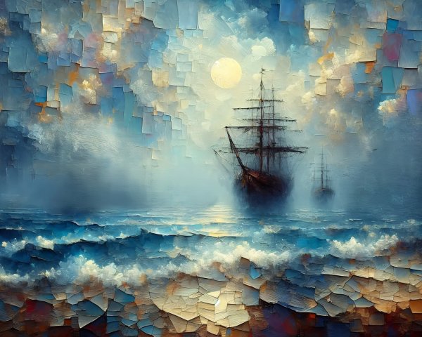 Whimsical Maritime Scene with Moonlit Ships and Waves