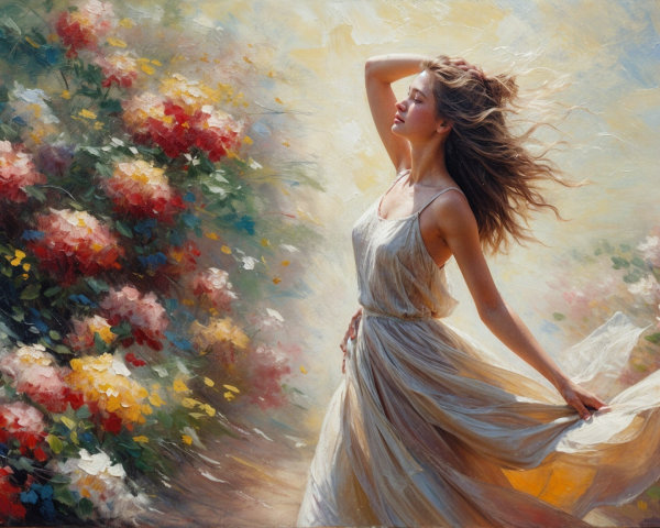 Young Woman in Floral Garden with Dreamlike Atmosphere