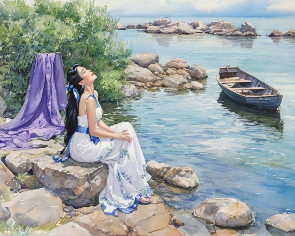 Young Woman in White Dress by Calm Turquoise Water