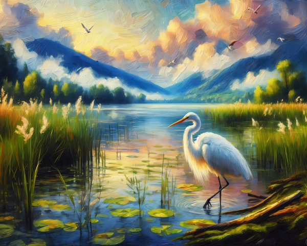Tranquil Lake Landscape with Wildlife at Sunset