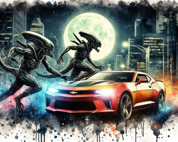 Alien Creatures and Camaro in Urban Night Scene