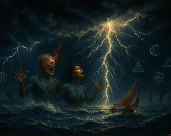 Dramatic scene of figures in stormy waves with symbols