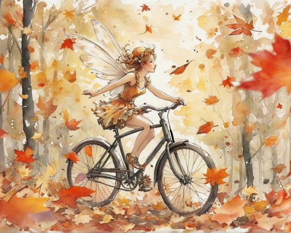 Fairy on Bicycle in Autumn Forest Scene