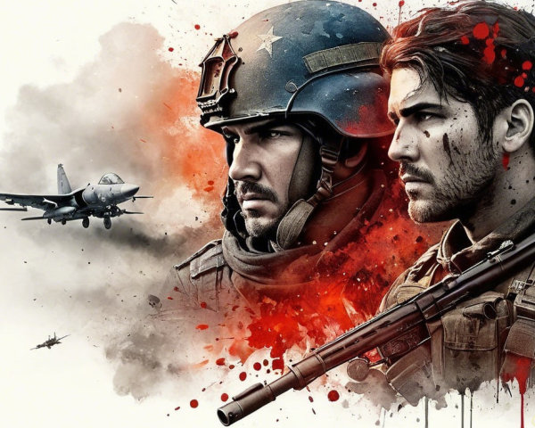 Soldiers in Intense Expressions Against Dramatic Background