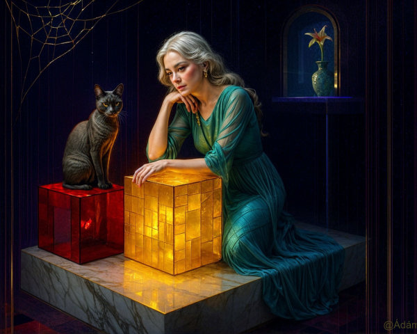 Contemplative Woman in Teal Dress with Cat and Cubes