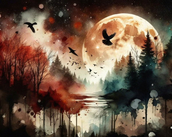 Surreal Landscape with Moonlit Forest and Birds