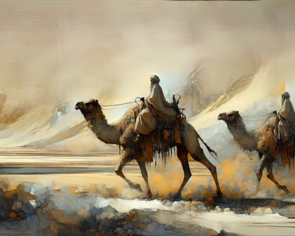Silhouetted Figures Riding Camels in Desert Landscape