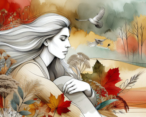 Portrait of a woman in autumn landscape with leaves