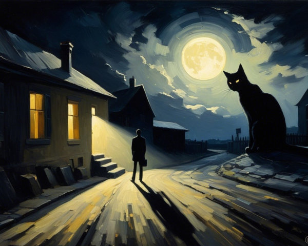 Solitary Figure on Moonlit Street with Black Cat Shadow
