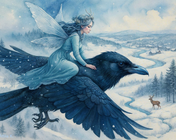Whimsical Winter Landscape with Fairy and Raven