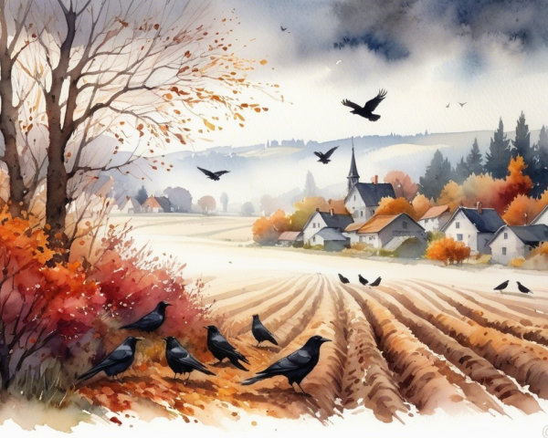 Autumn Landscape with Foliage and Silhouetted Crows