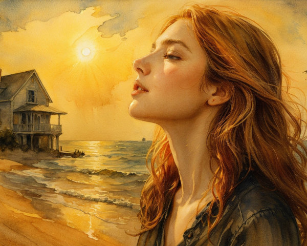 Golden Sunset Over a Serene Beach with a Young Woman