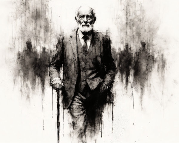 Elderly Man in Suit Walking with Cane and Abstract Background