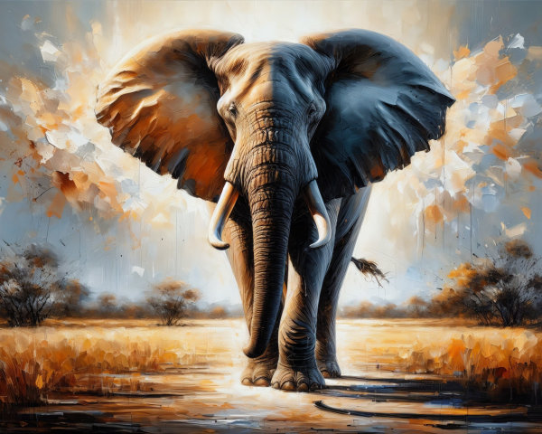 Elephant in Golden Savanna Landscape with Abstract Background