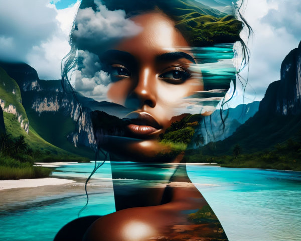 Double Exposure of Woman's Face with Scenic Landscape