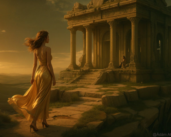 Woman in Golden Gown at Ancient Temple Steps