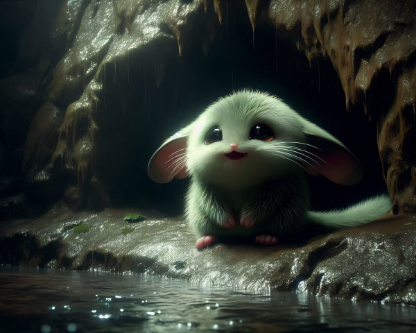 Furry Creature in Dimly Lit Cave by Glistening Puddle