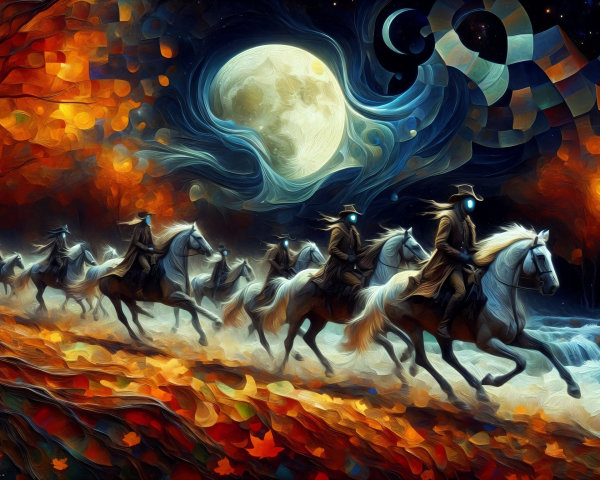 Spectral Riders in an Autumn Landscape Under Moonlight