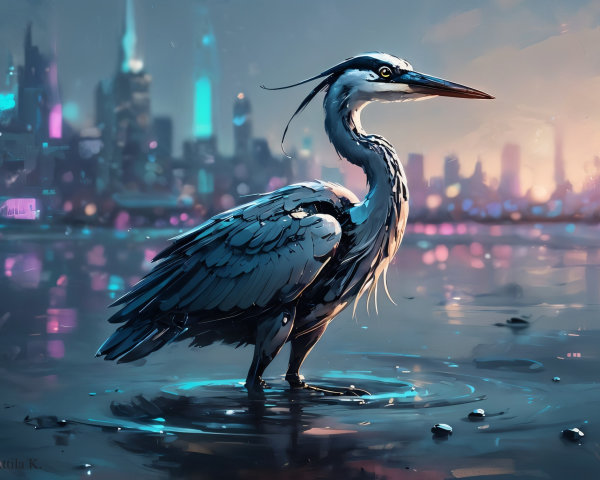 Techno Futuristic Great Blue Heron at Dusk with Cityscape