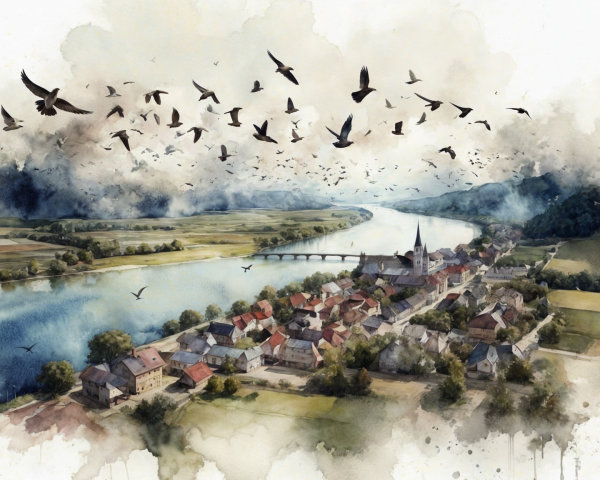 Aerial View of a Quaint Village by a Winding River