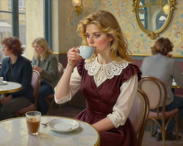 Realistic Oil Painting of Woman in Cafe Setting