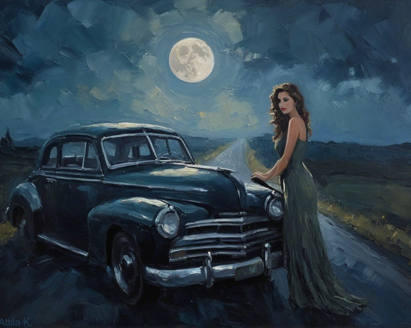 Vintage Scene with Classic Car and Moonlit Road