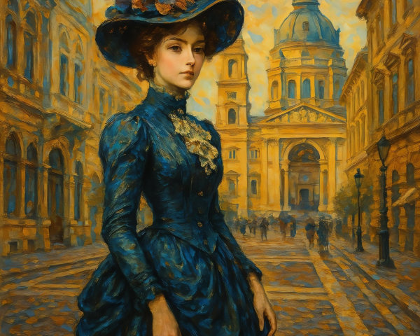 Elegant Woman in Blue Dress on Cobblestone Street