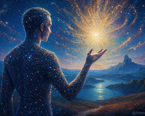 Cosmic Figure in Scenic Landscape with Starry Cosmos