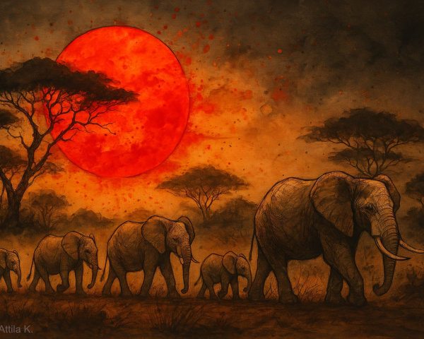 Sunset Over Savanna with Elephants and Acacia Trees